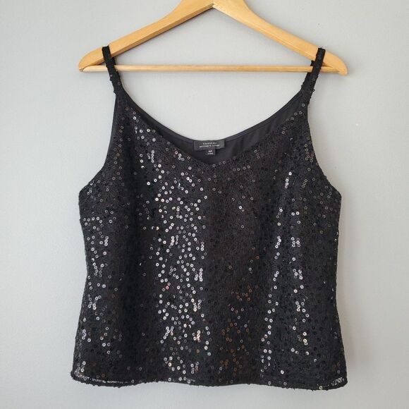 Tahari Black Sequin Cropped V Neck Dress Party Tank Top Womens 16P - Picture 1 of 6